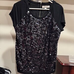 LOFT Black Sequin Short Sleeve Top